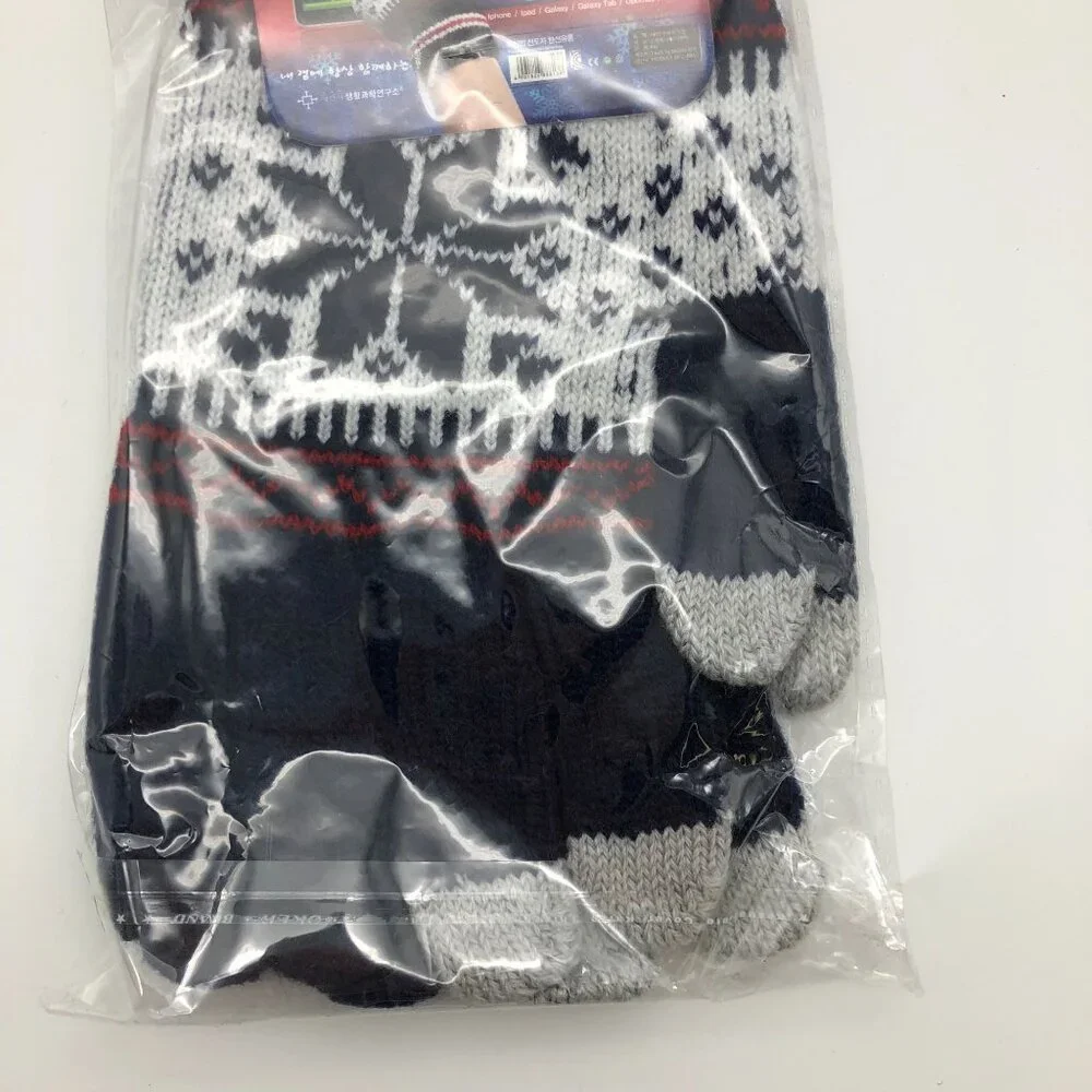 Hansun Smart Touch Winter Gloves Unisex One Size Navy‎ Fair Isle Korean Knit